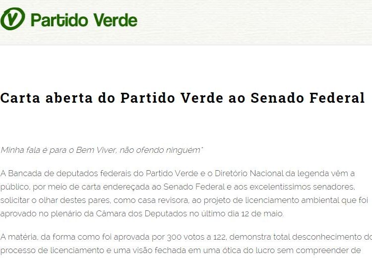 Carta aberta do Partido Verde ao Senado Federal