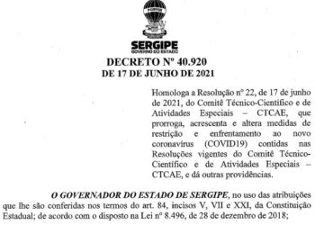 Governador Belivaldo faz novo Decreto (nº 40.920) que prorroga, acrescenta e altera medidas de restrições e enfrentamento ao COVID19