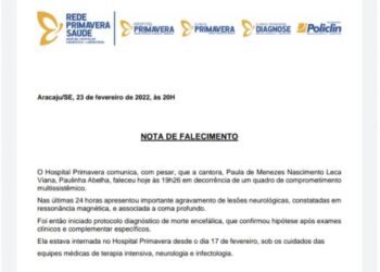Nota de Falecimento – Hospital Primavera – Cantora Paulinha Abelha