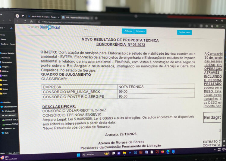 Governo do Estado publica resultado de análise para licitação de estudos da ponte Aracaju/Barra dos Coqueiros