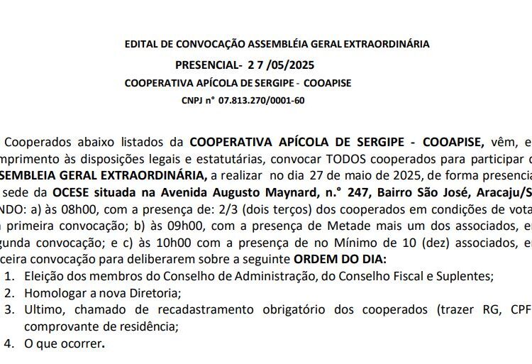 EDITAL DE CONVOCAÇÃO ASSMBLÉIA GERAL – COOAPISE