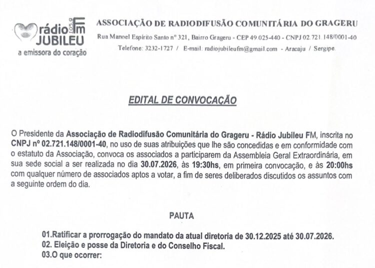 EDITAL DE CONVOCAÇÃO – Associação de Radiofusão Comunitária do Grageru