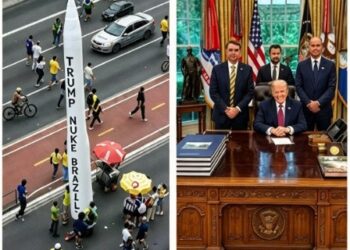 Patriotismo ou submissão? Bolsonaristas levam míssil à Paulista com apelo para Trump bombardear o Brasil